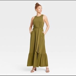 Sleeveless Ruffle Hem Olive Green Dress